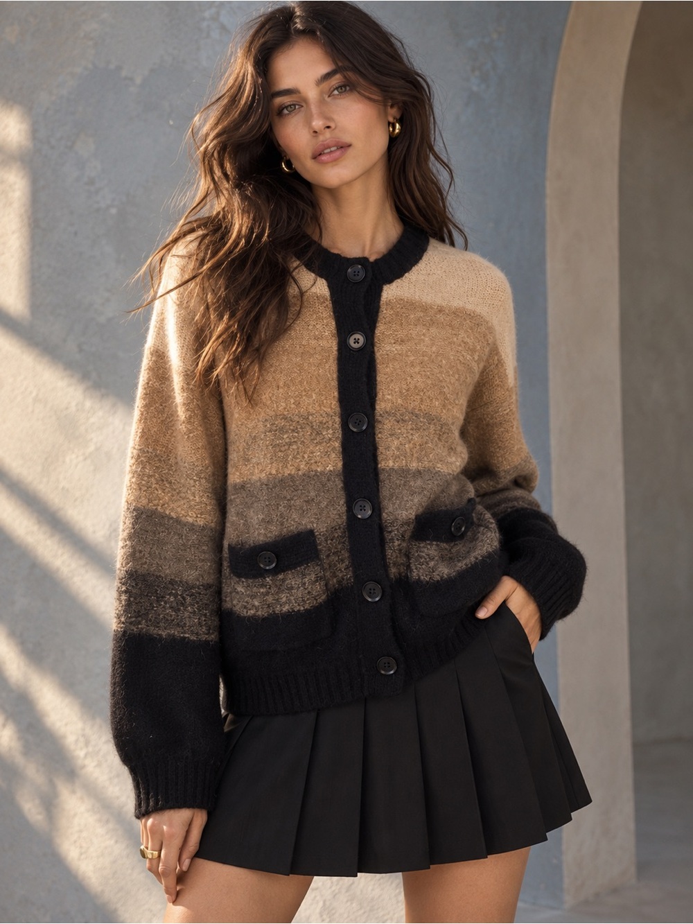 Nation LTD Alpaca Wool Ombré Colorblock Berenice Cardigan in Black Brown, Size S